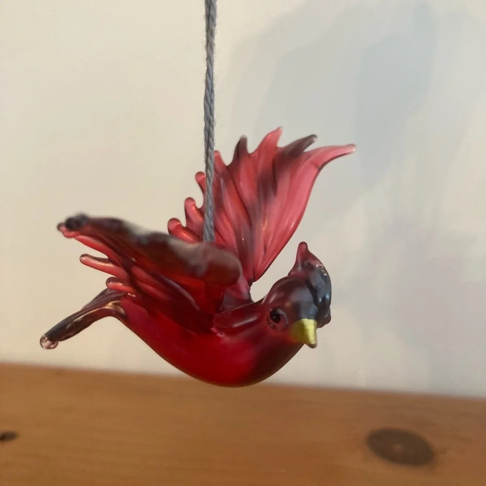 Vtg Red Cardinal Bird Figurine Hand Blown Glass Ornament Hanging